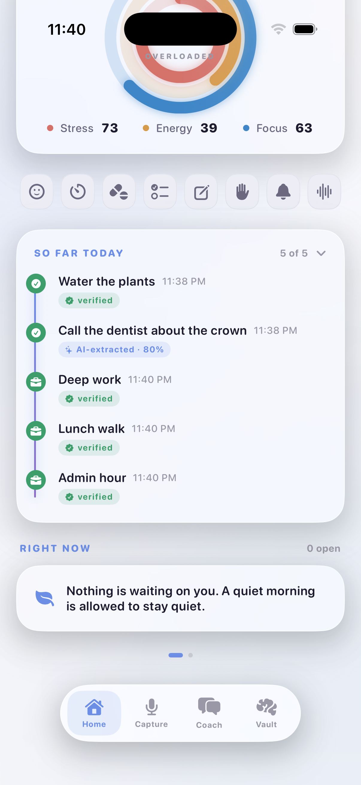 A day in progress: five verified items, one AI-extracted at 80% confidence