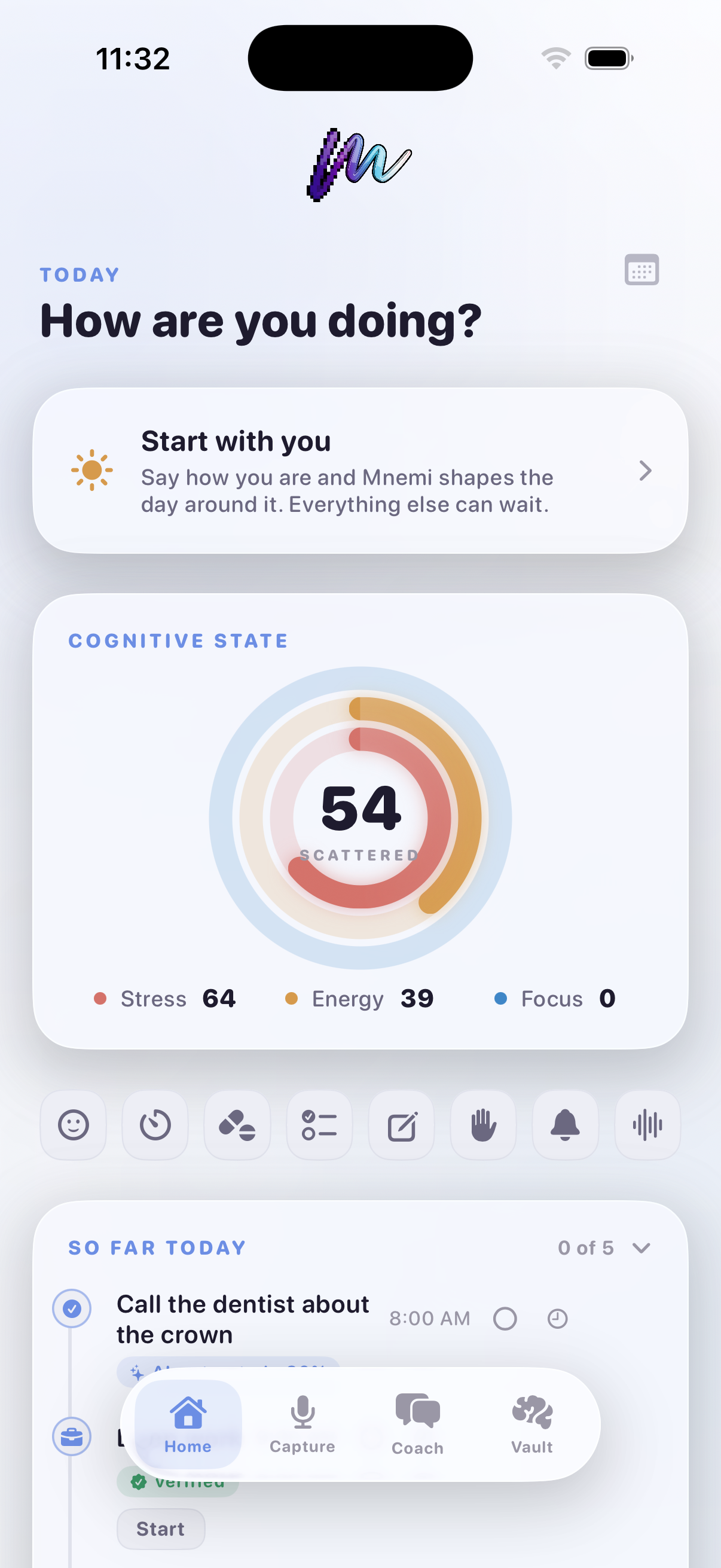 The Mnemi home screen showing a cognitive state reading of 54