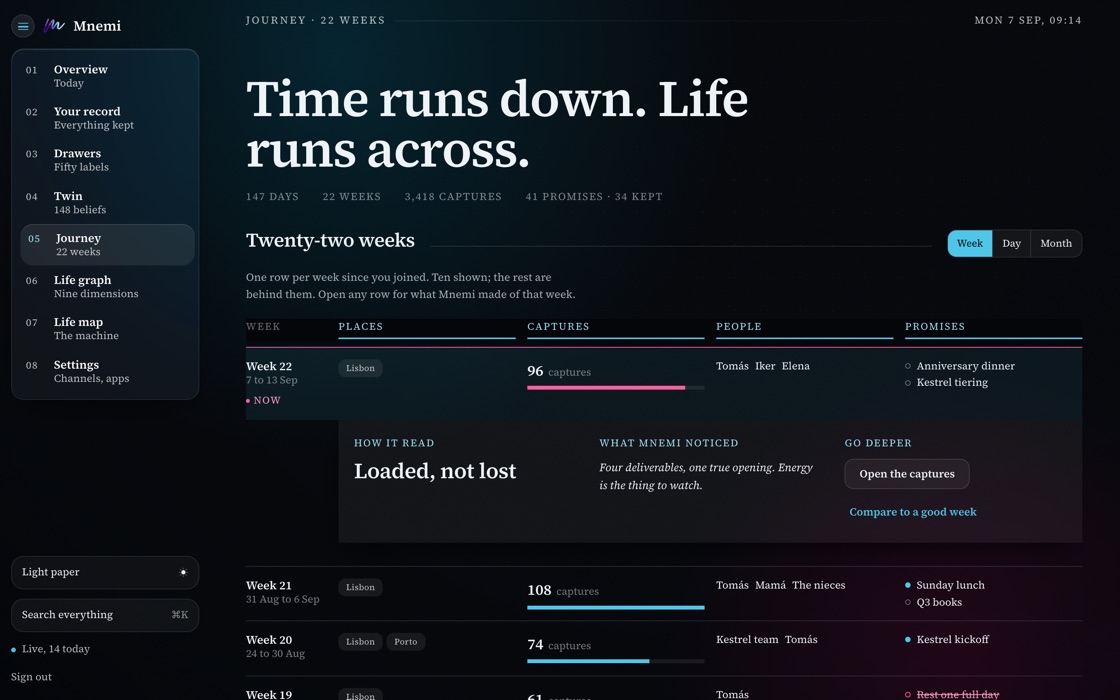 The journey on the Mnemi web dashboard: time runs down, life runs across