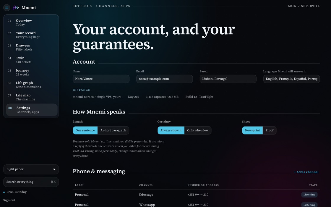 Settings on the Mnemi web dashboard: channels, apps, and the guarantees