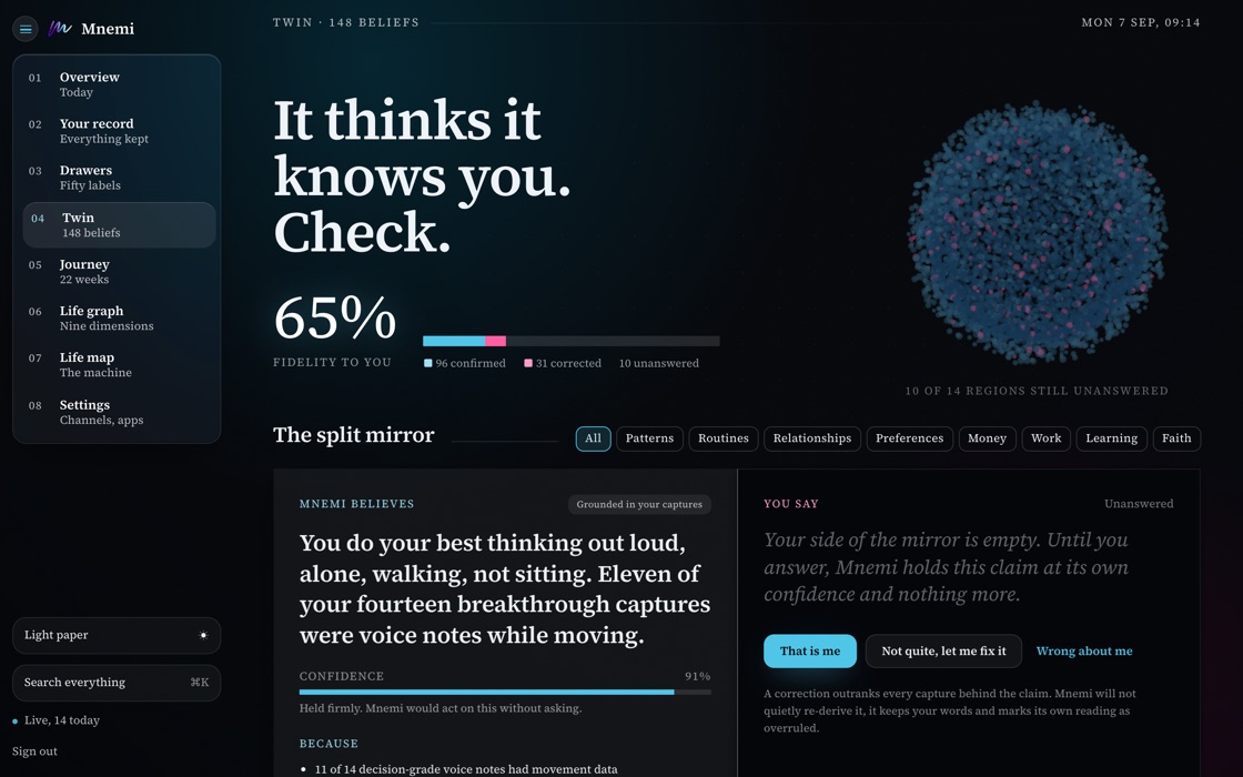 The twin on the Mnemi web dashboard: every belief with its confidence, ready to be overruled